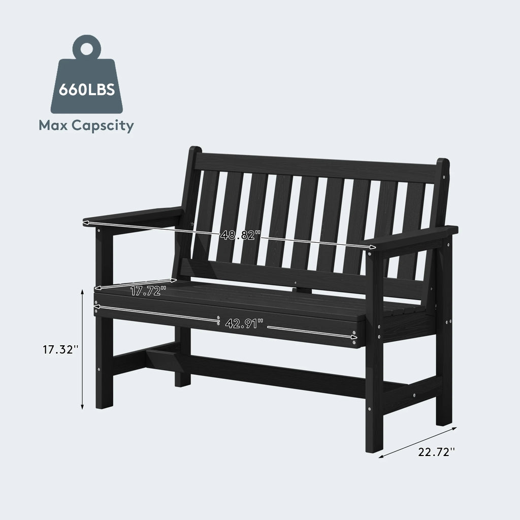 SERWALL Outdoor Bench for 2 - Person, Weather - Resistant HDPE with Aluminum Reinforcement, Supports 660 lb, Comfortable Seating for Patio, Garden, and Porch, Black