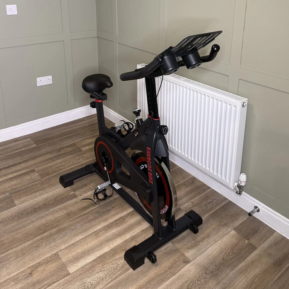Soozier Exercise Bike, Flywheel Indoor Stationary Bike, Adjustable Height and Resistance, with LCD Monitor, 264 lb. Weight Capacity, Black and Red