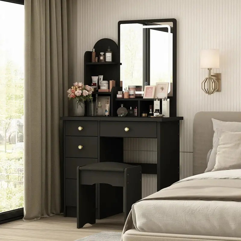 LED-Lit Makeup Vanity Desk Set – Includes Mirror, Adjustable Lighting, and Matching Stool