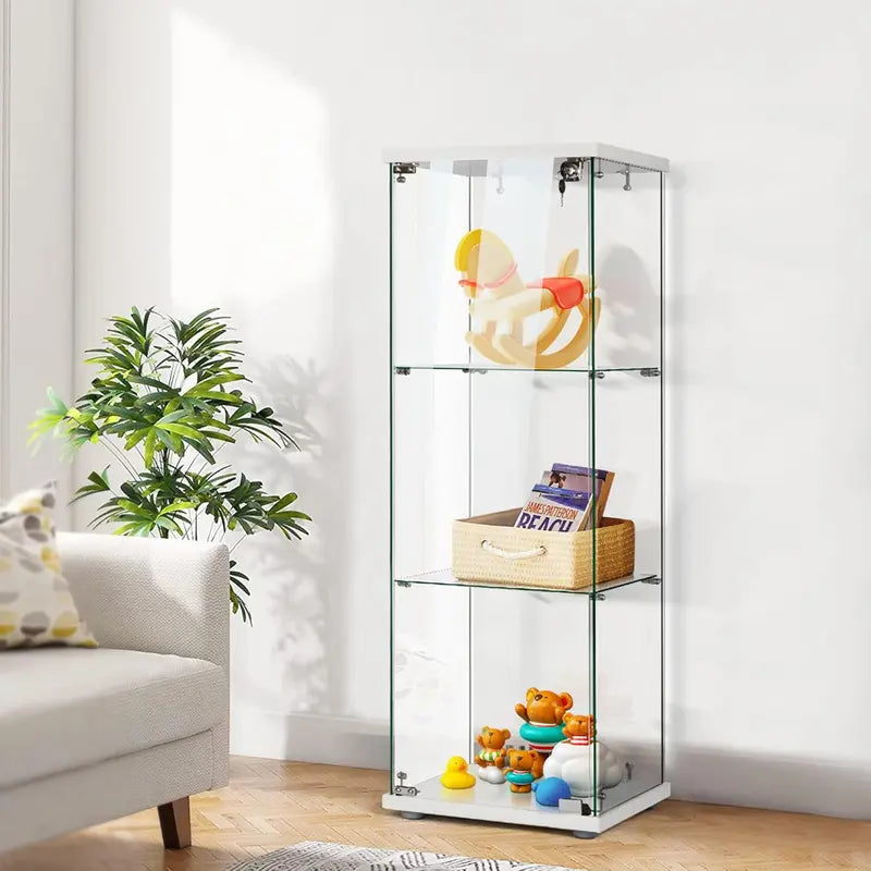 Countertop Glass Display Cabinet – 4-Tier Tempered-Glass Showcase with Locking Door & MDF Base