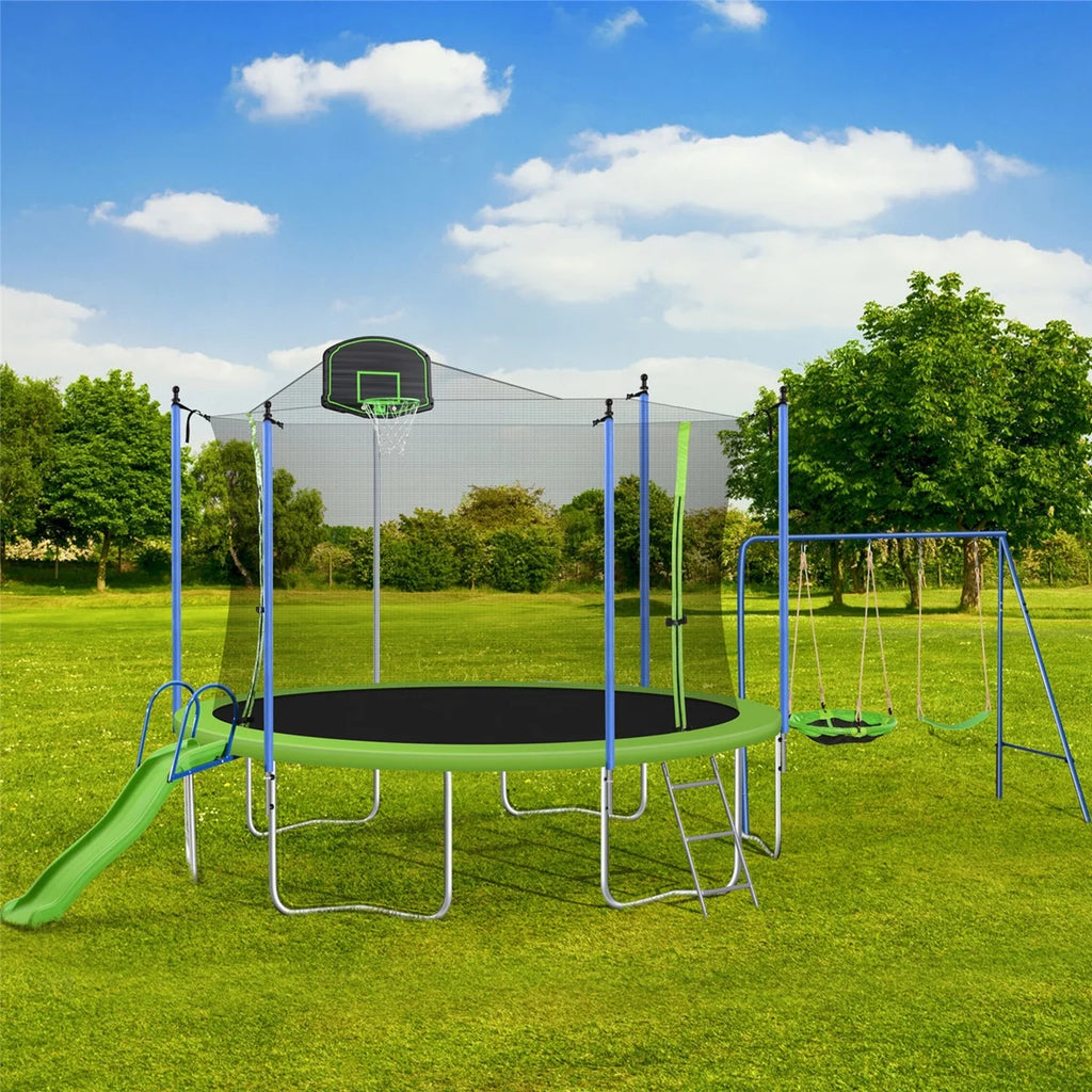 12FT Trampoline for Kids & Adults, Recreational Trampoline with Slide & Swing & Basketball Hoop & Enclosure Net, 600 lb Capacity for 4 - 5 Kids