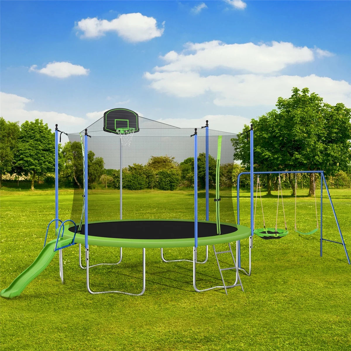 12FT Trampoline for Kids & Adults, Recreational Trampoline with Slide & Swing & Basketball Hoop & Enclosure Net, 600 lb Capacity for 4 - 5 Kids