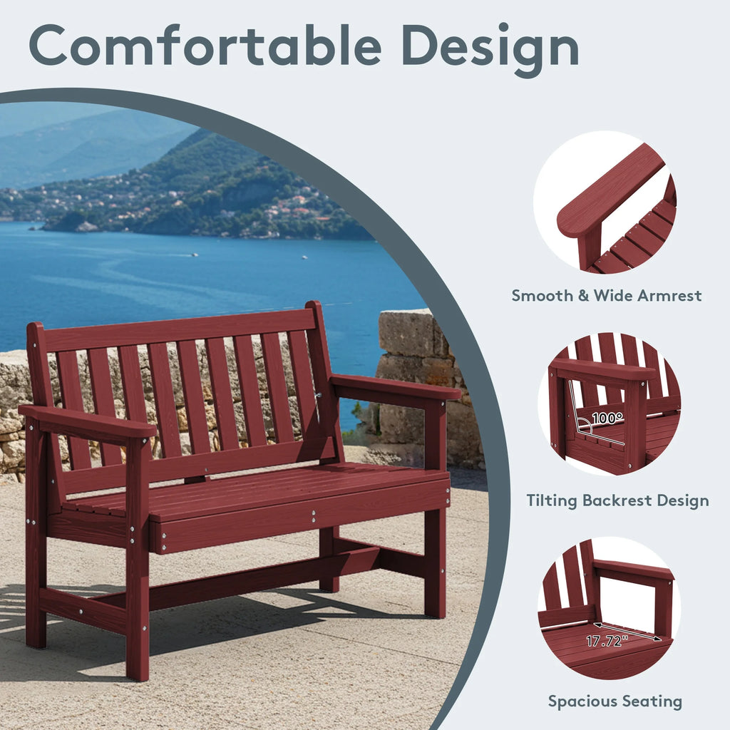 SERWALL Outdoor Bench for 2 - Person, Weather - Resistant HDPE with Aluminum Reinforcement, Supports 660 lb, Comfortable Seating for Patio, Garden, and Porch, Black