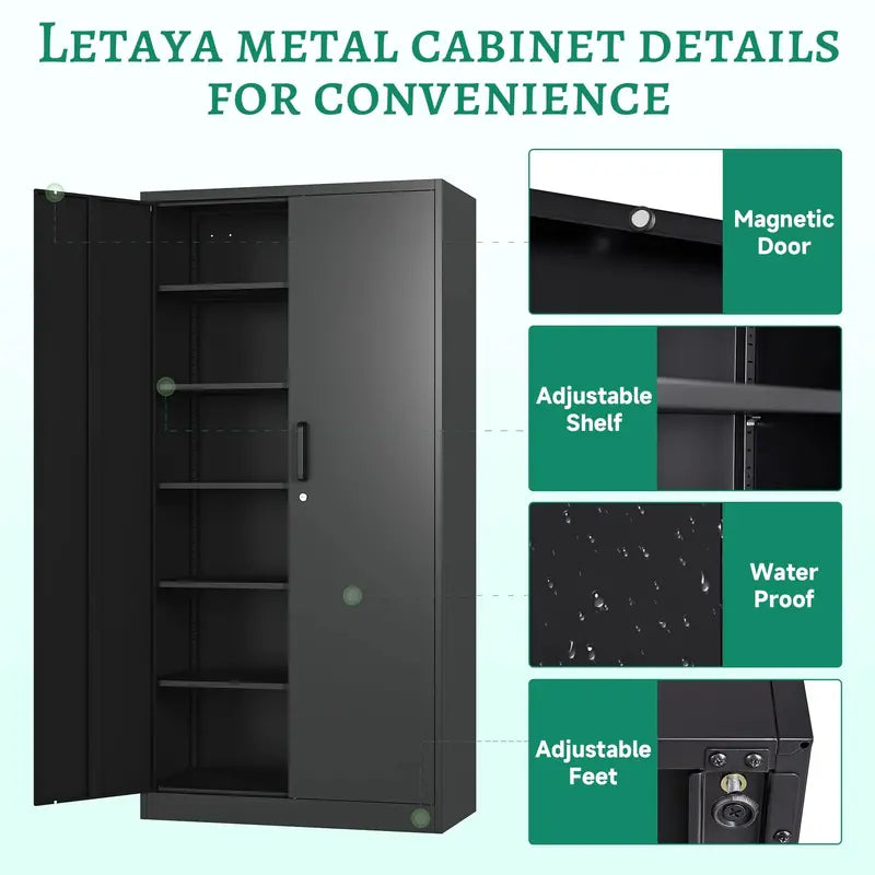 Letaya 71″ Metal Storage Cabinet with Lock, 5 Shelves, Heavy-Duty Steel, for Office/Garage/Home