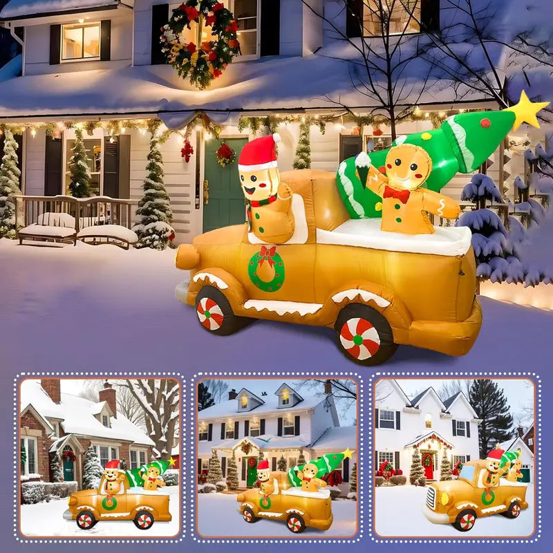 OurWarm 8FT Gingerbread Man Truck Christmas Inflatable with Tree, Outdoor Decoration for Lawn & Garden