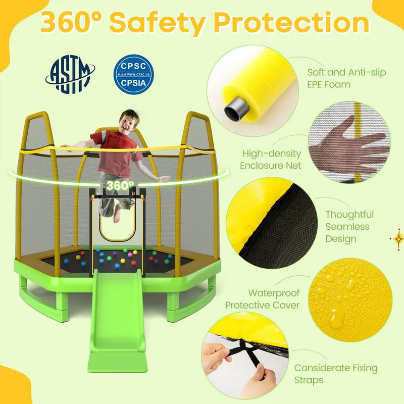 Kids' Trampoline with Integrated Slide, 7-Foot ASTM-Certified Backyard Play Set