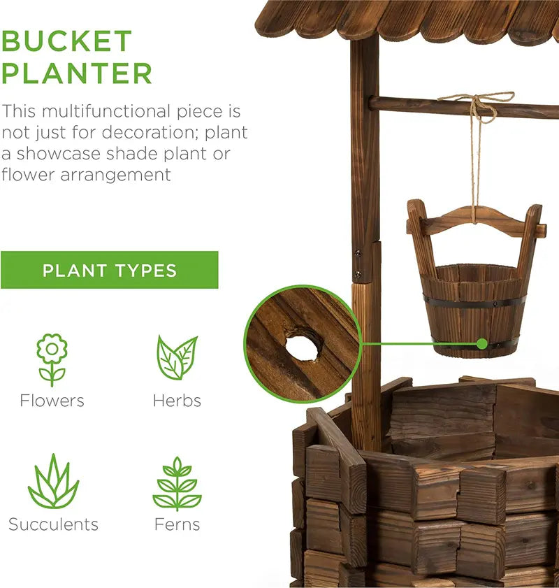 Rustic Wooden Wishing Well Planter with Hanging Bucket – Outdoor Garden Décor by Best Choice Products