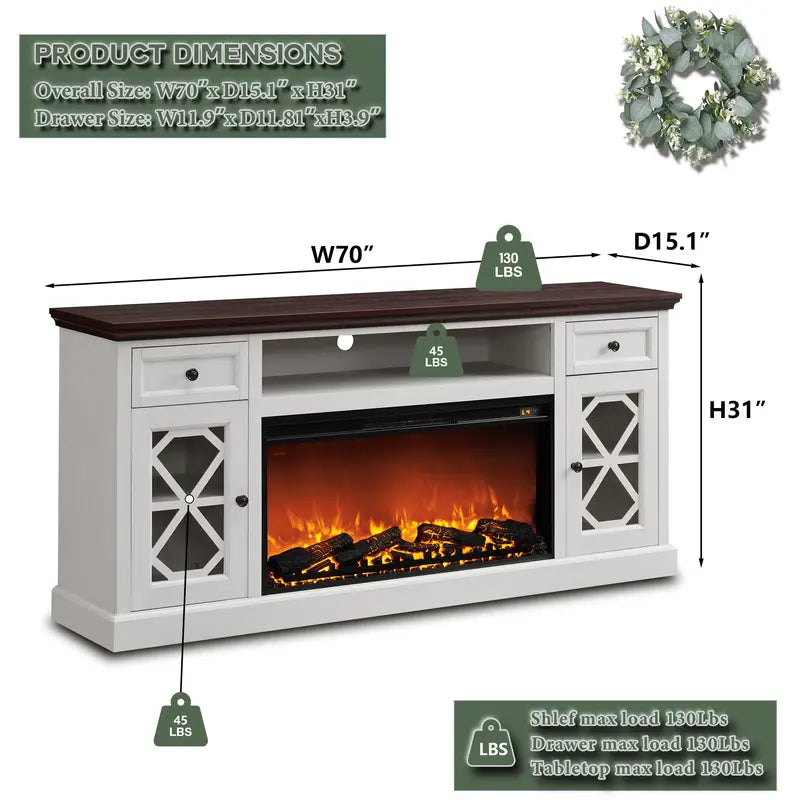 SinCiDo Farmhouse TV Stand with Built-in Electric Fireplace – 36″ Flame, Supports 80″ TVs, White