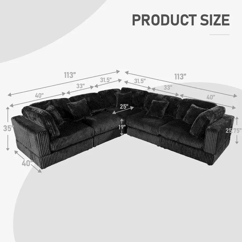 Oversized Corduroy L-Shaped Modular Sectional Sofa – Customizable 6-Piece Configuration