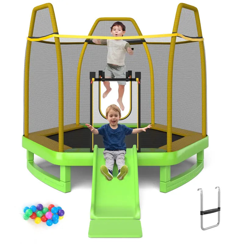 Kids' Trampoline with Integrated Slide, 7-Foot ASTM-Certified Backyard Play Set