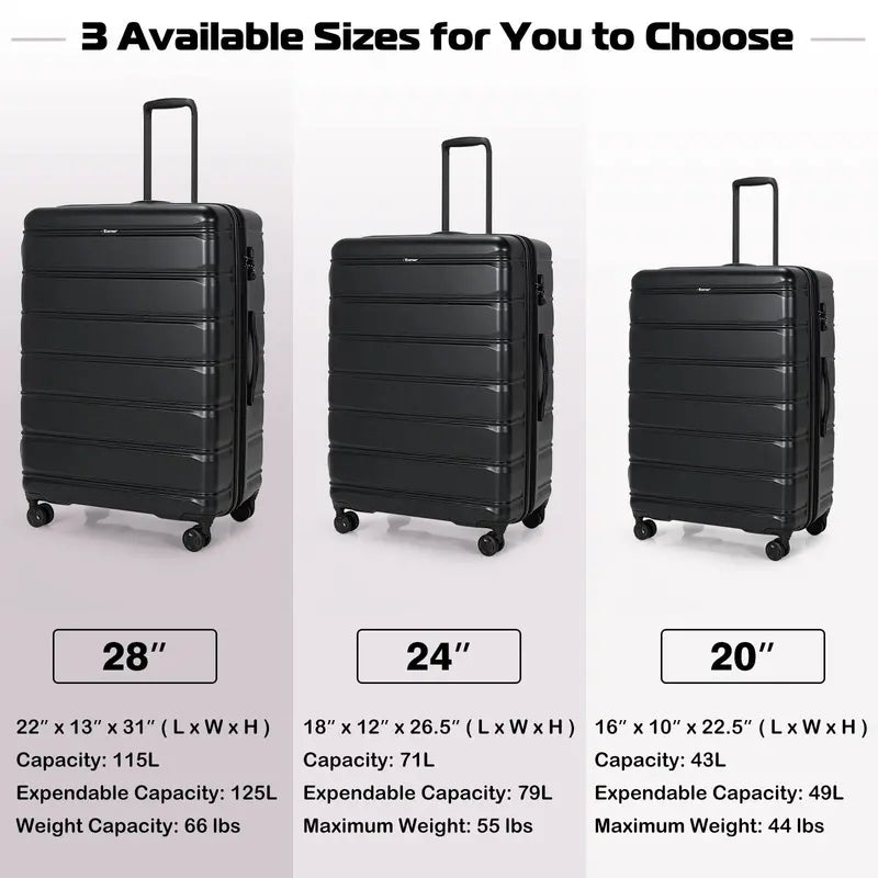 Expandable 3-Piece Spinner Luggage Set for Travel