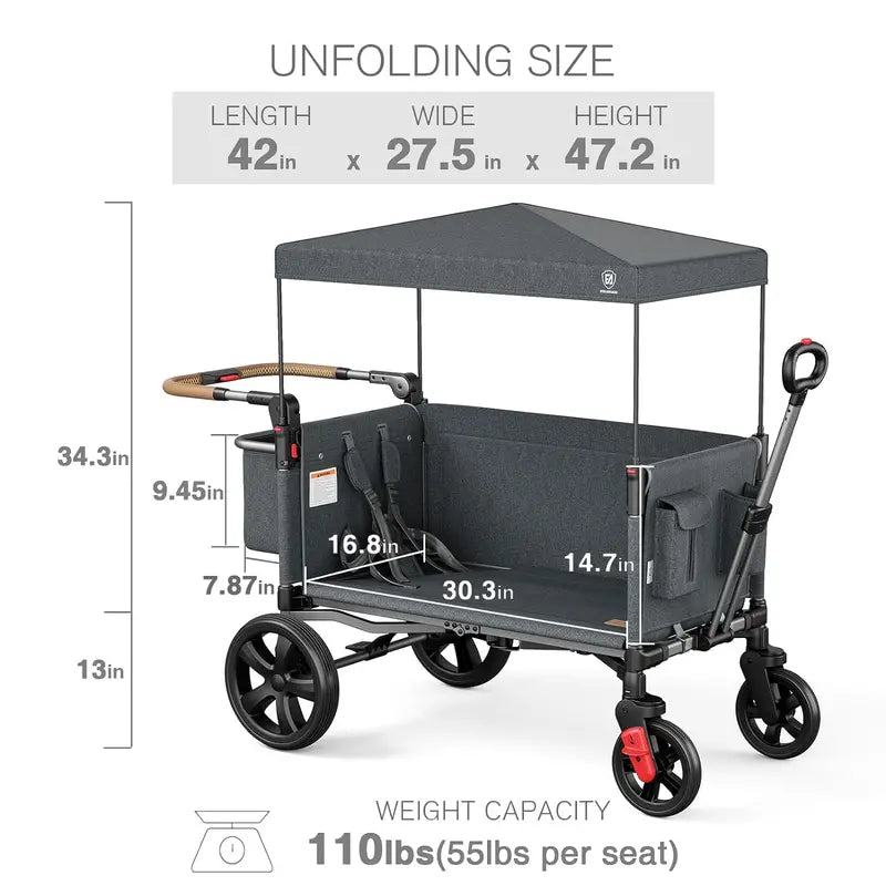 Dual-Child Side-Zip Wagon Stroller – Adjustable Push-Pull Handle, Front-Zip Access, 5-Point Harness & UV Canopy, All-Terrain Wheels, Grey