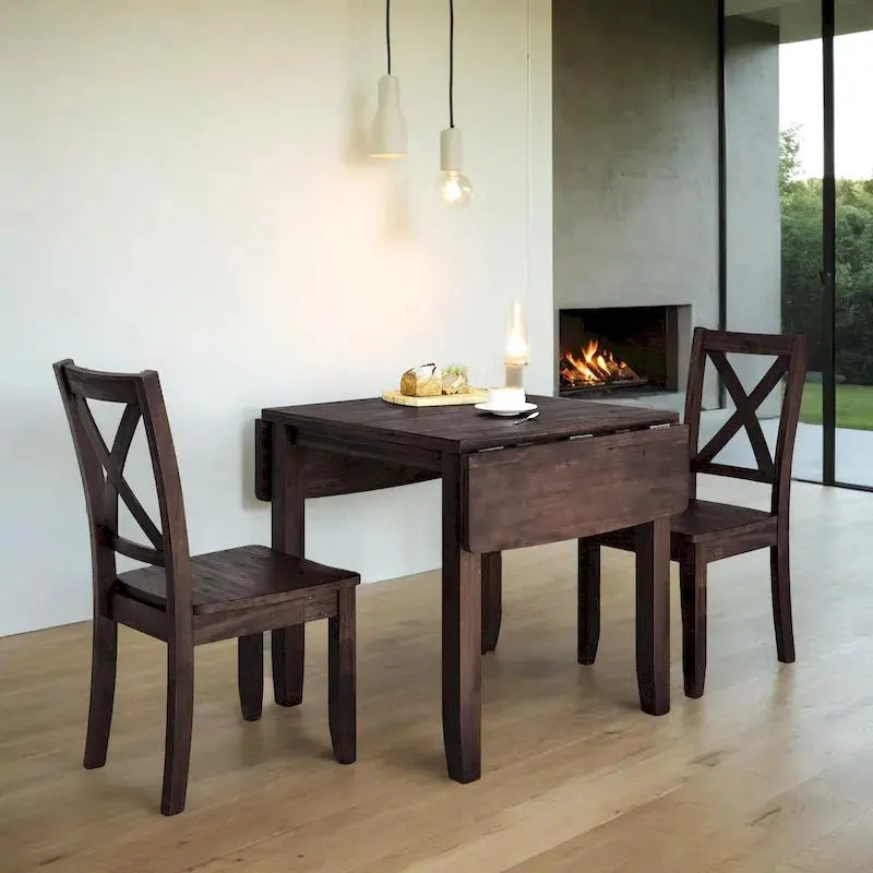 Compact 3-Piece Breakfast Nook Set – Drop-Leaf Wood Dining Table with Two X-Back Chairs