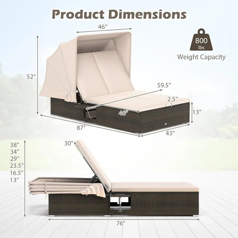 RELAX4LIFE Outdoor Wicker Daybed – Retractable Canopy Chaise Lounge with 6-Position Backrest