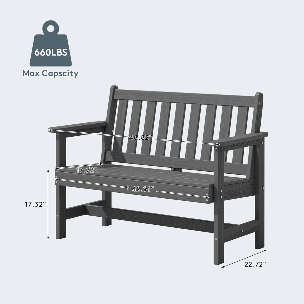 SERWALL Outdoor Bench for 2 - Person, Weather - Resistant HDPE with Aluminum Reinforcement, Supports 660 lb, Comfortable Seating for Patio, Garden, and Porch, Black