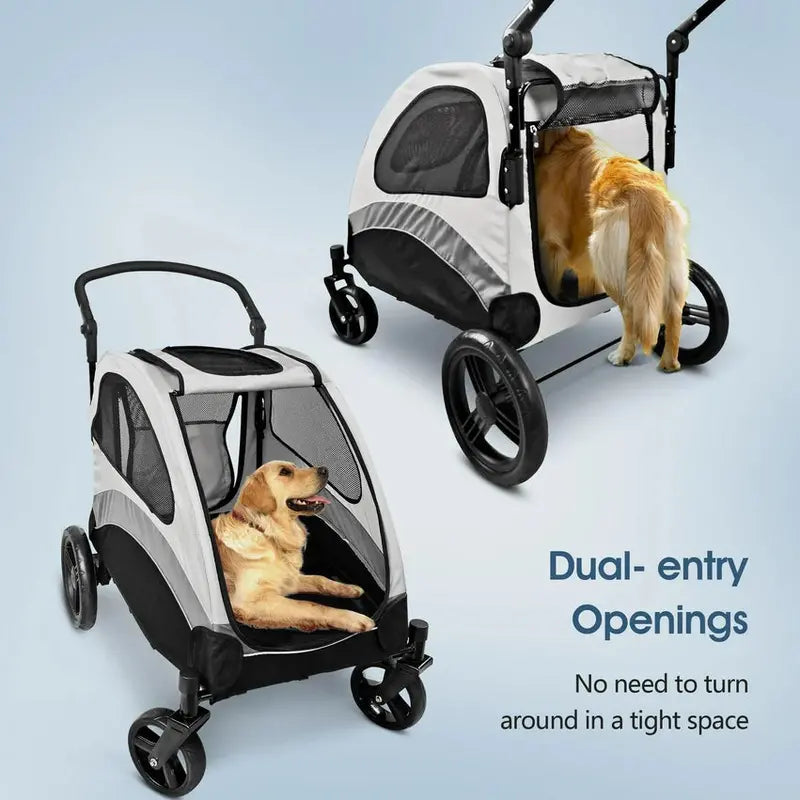 Large or Dual-Pet Foldable Stroller with 4-Wheel Jogger Design and All-Terrain Wagon Functionality