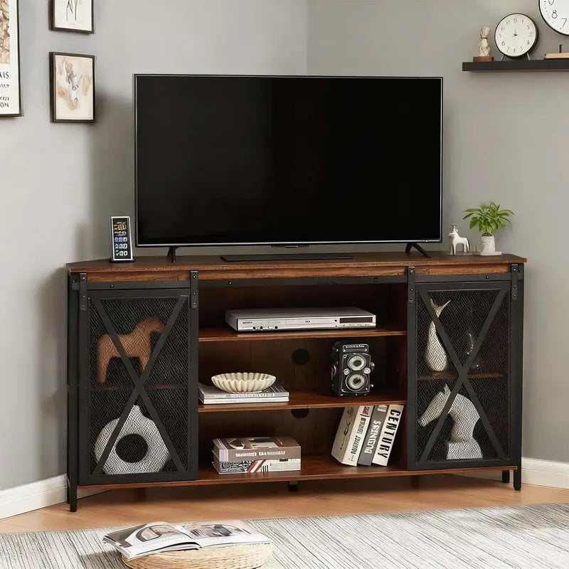 Rustic Corner TV Stand for 55-Inch Screens with Ample Storage Compartments