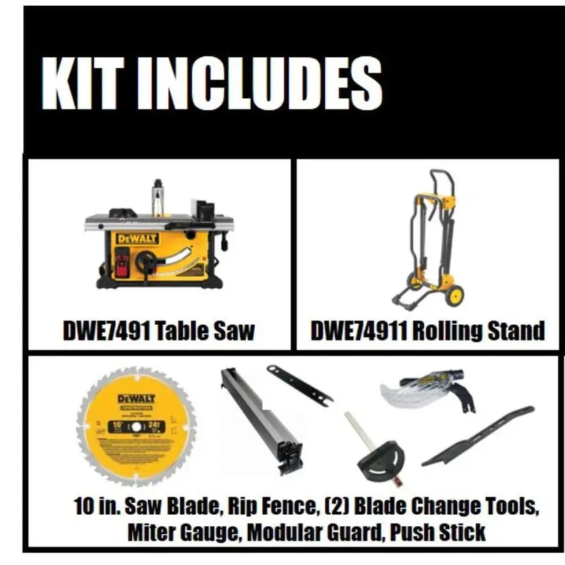DEWALT DWE7491RS 10-Inch Jobsite Table Saw – Corded 15-Amp Saw with Rolling Stand and Precision Fence System