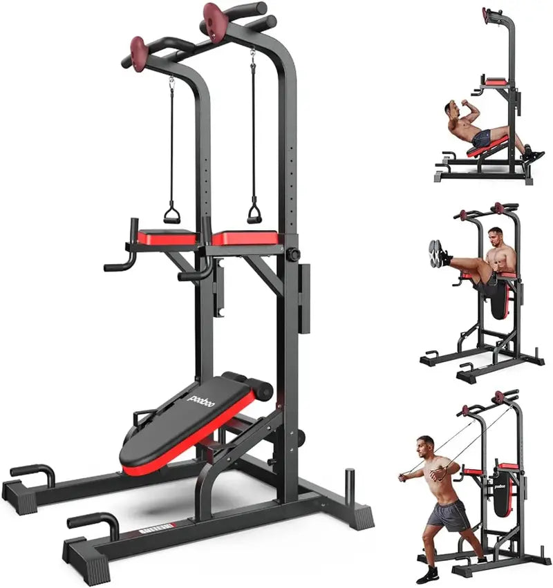 Pooboo Adjustable Power Tower – Dip Station, Pull-Up Bar & Ab Board