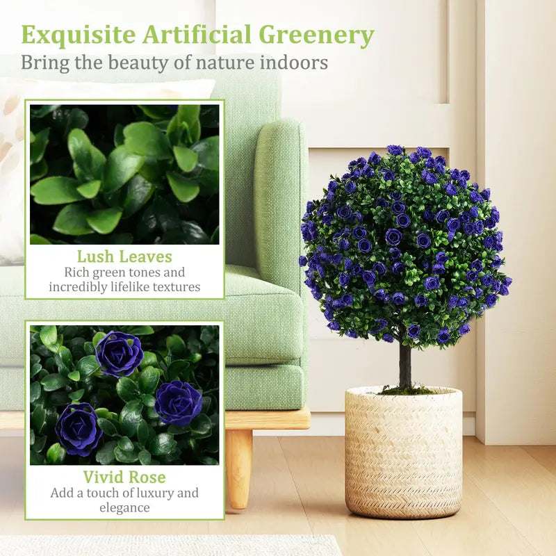 Set of 2 Artificial Purple Rose Topiary Balls – 22-Inch Faux Shrub Arrangements in Decorative Pots