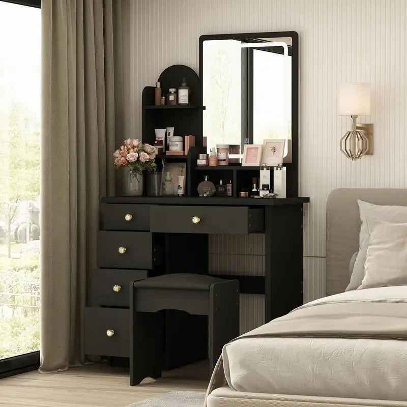 LED-Lit Makeup Vanity Desk Set – Includes Mirror, Adjustable Lighting, and Matching Stool