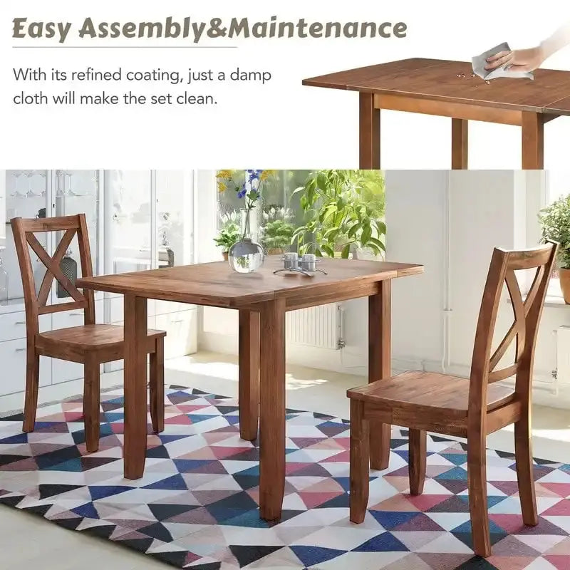 Compact 3-Piece Breakfast Nook Set – Drop-Leaf Wood Dining Table with Two X-Back Chairs