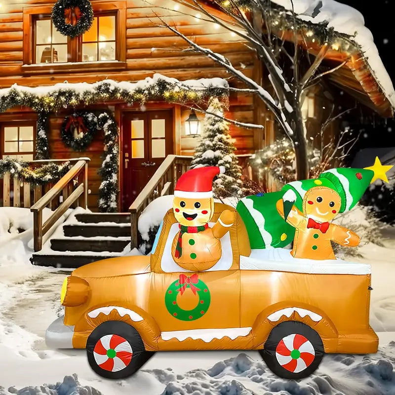 OurWarm 8FT Gingerbread Man Truck Christmas Inflatable with Tree, Outdoor Decoration for Lawn & Garden