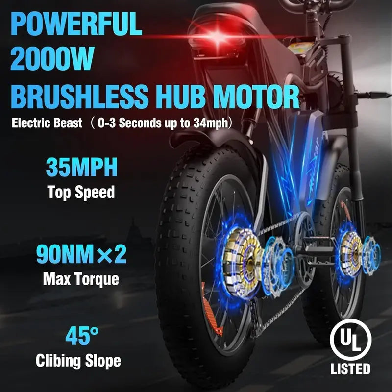 Q20 All-Terrain Fat Tire E-Bike – 2000W, 52V, 30–180 Mile Range for Adults
