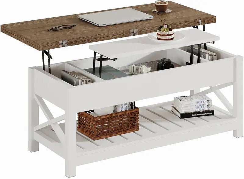 Convertible Coffee Table with Hidden Storage – Multi-Function Design Transforms into Dining Table, White & Brown Two-Tone Finish