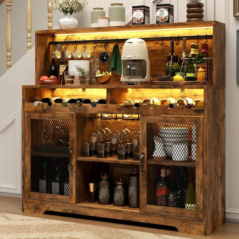 LED-Illuminated Wine & Liquor Bar Cabinet – Multi-Function Coffee Bar with Glass Holders & Buffet Storage