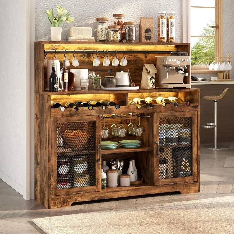 LED-Illuminated Wine & Liquor Bar Cabinet – Multi-Function Coffee Bar with Glass Holders & Buffet Storage