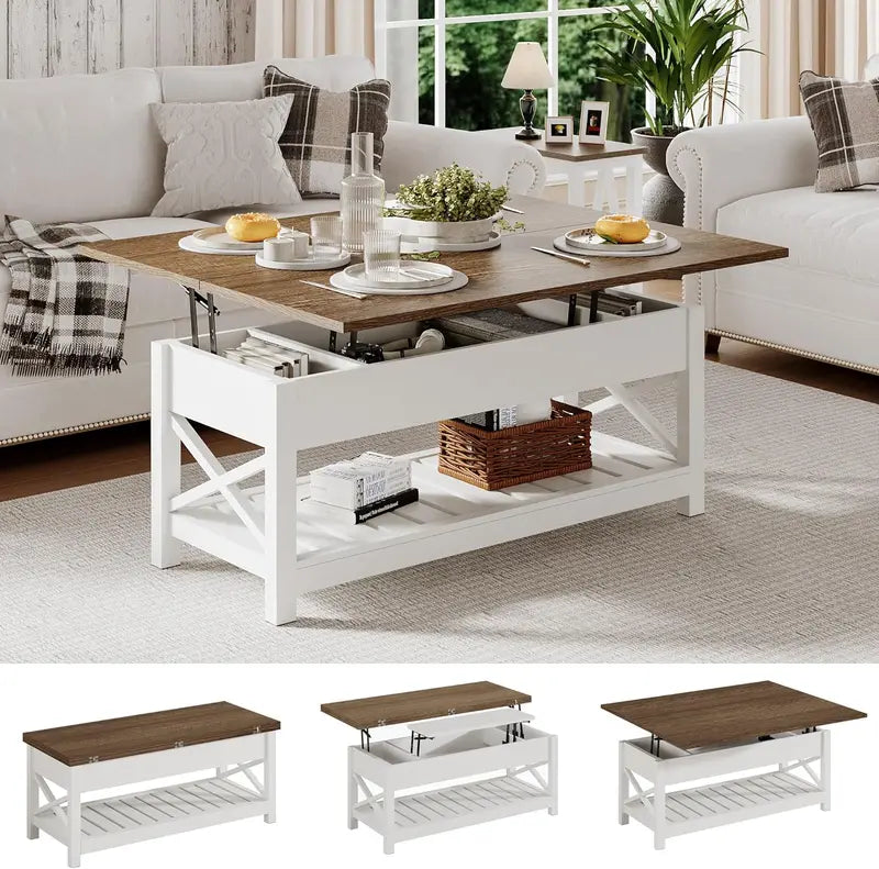 Convertible Coffee Table with Hidden Storage – Multi-Function Design Transforms into Dining Table, White & Brown Two-Tone Finish