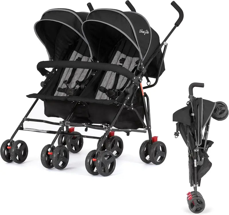 Lightweight Twin Umbrella Stroller – Compact Double Stroller for Infant & Toddler, Easy-Fold Design with Large Canopy & Storage Basket