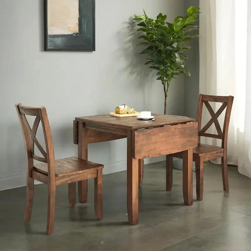 Compact 3-Piece Breakfast Nook Set – Drop-Leaf Wood Dining Table with Two X-Back Chairs