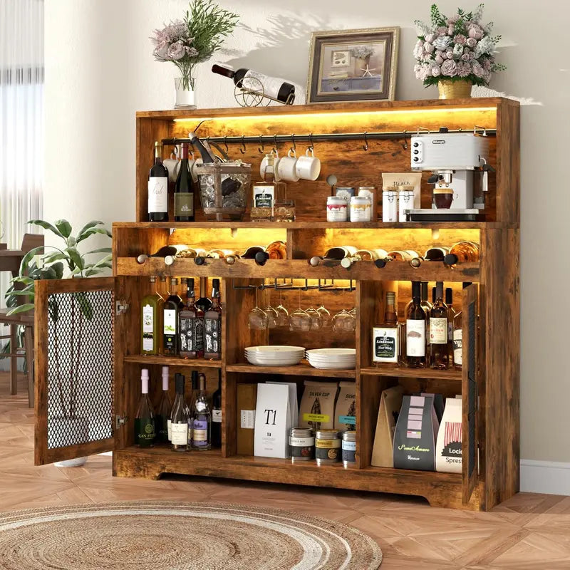 LED-Illuminated Wine & Liquor Bar Cabinet – Multi-Function Coffee Bar with Glass Holders & Buffet Storage