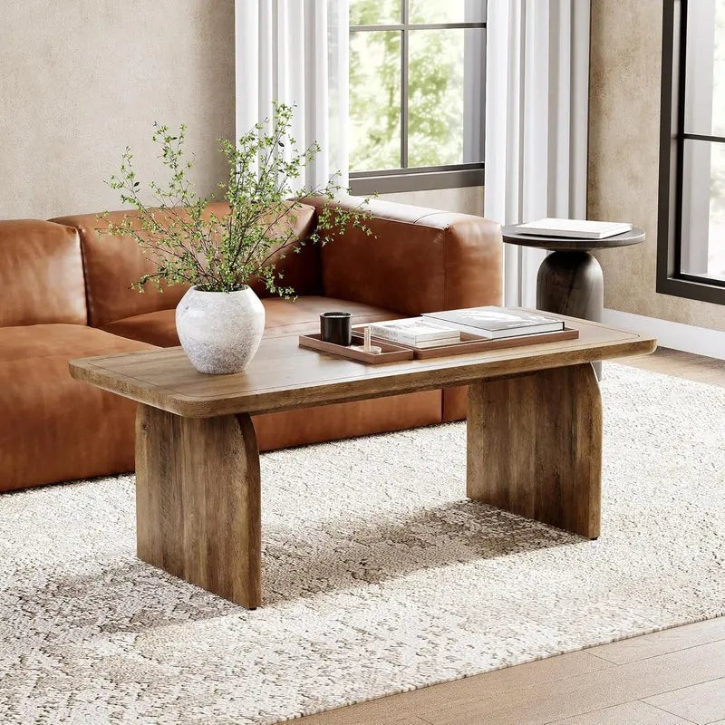 LITTLE TREE Farmhouse Round Coffee Table – 47″ Wooden Center Table with Rounded Corners, Ideal for Living Rooms & Bedrooms
