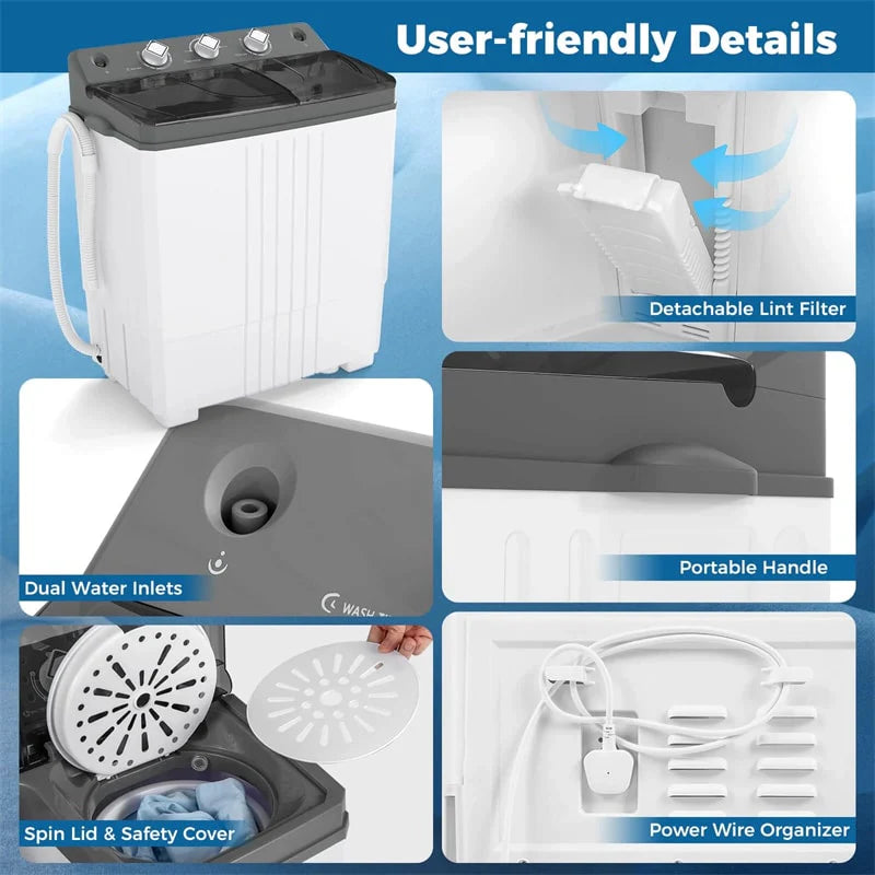 Portable Washing Machine, 2-in-1 Twin Tub Washer Spin Dryer Combo with Built-in Drain Pump, 20LB Capacity & Compact for Apartment, Dorm & RV
