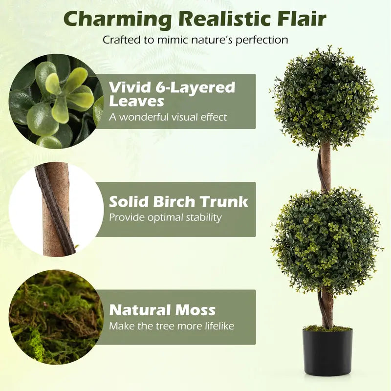 Set of 2 Faux Boxwood Topiary Trees – 3-Foot Outdoor-Ready Ball Shrubs in Weighted Cement Pots