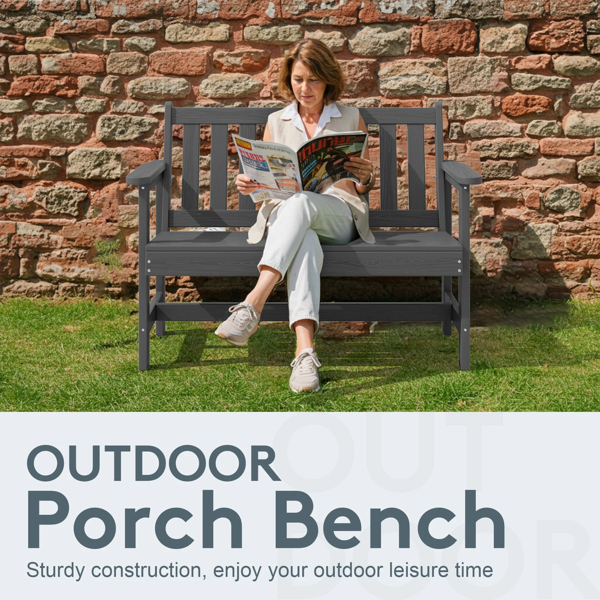 SERWALL Outdoor Bench for 2 - Person, Weather - Resistant HDPE with Aluminum Reinforcement, Supports 660 lb, Comfortable Seating for Patio, Garden, and Porch, Black