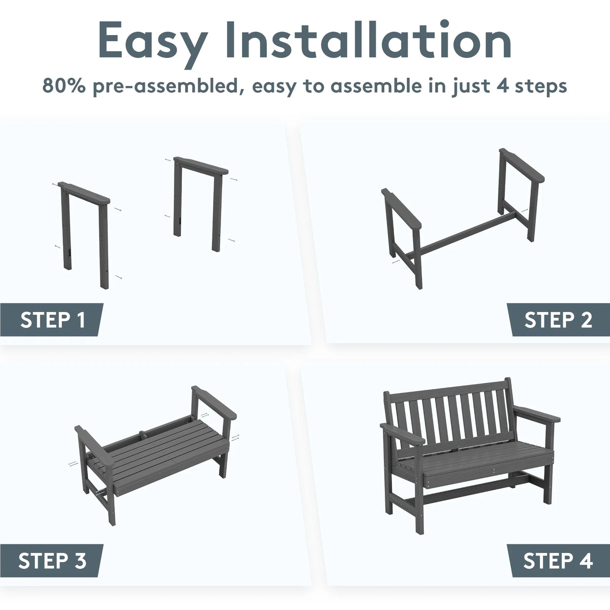SERWALL Outdoor Bench for 2 - Person, Weather - Resistant HDPE with Aluminum Reinforcement, Supports 660 lb, Comfortable Seating for Patio, Garden, and Porch, Black