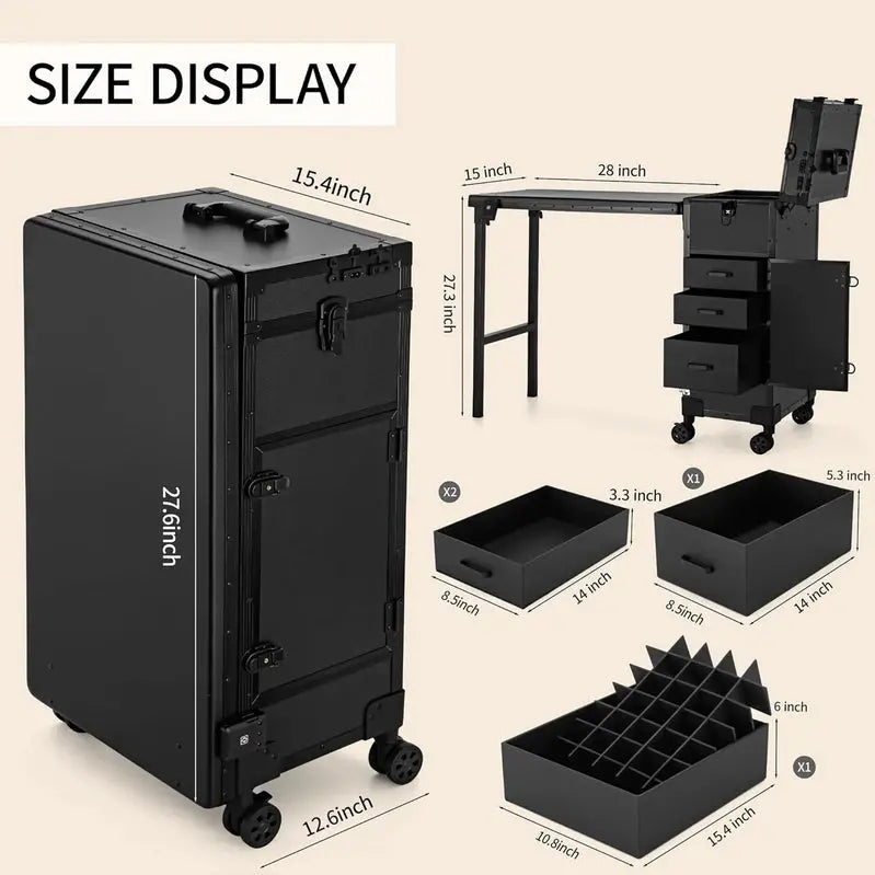 Rolling Manicure Station – LED Mirror, Built-in Bluetooth Speaker, Secure TSA Lock, and Storage Drawers