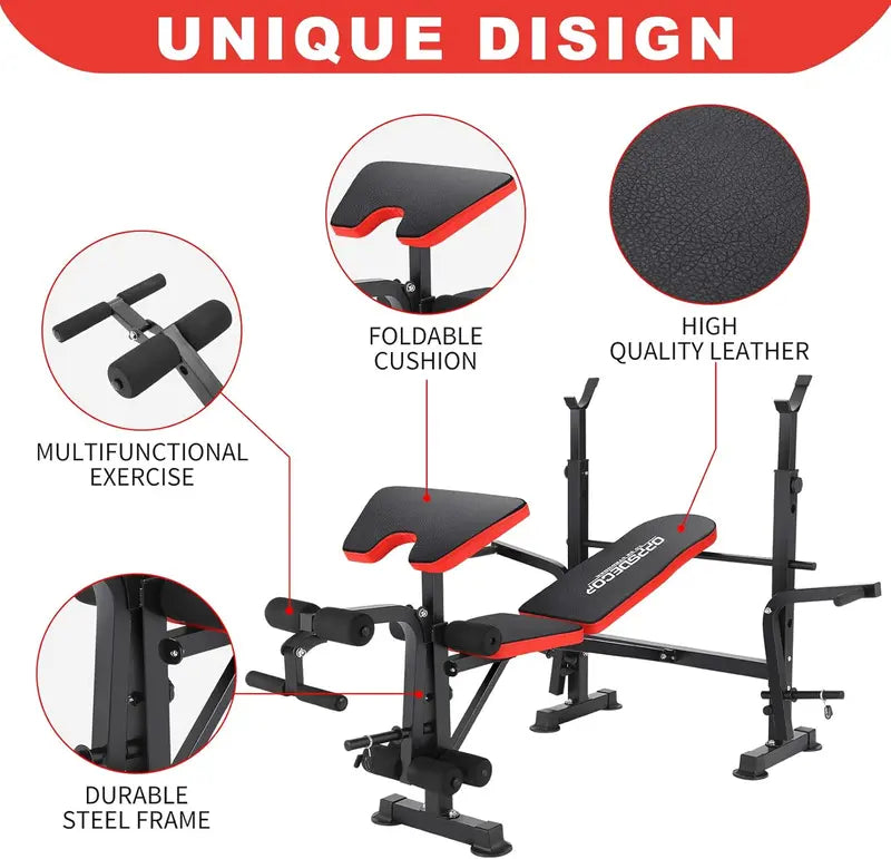 OPPSDECOR 6-in-1 Adjustable Weight Bench & Squat Rack Combo Set