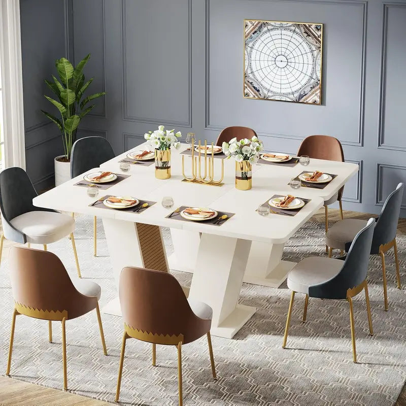 Cream-White Rectangular Dining Table – U-Base 55-Inch Table for 4–6 in Apartment or Dining Room