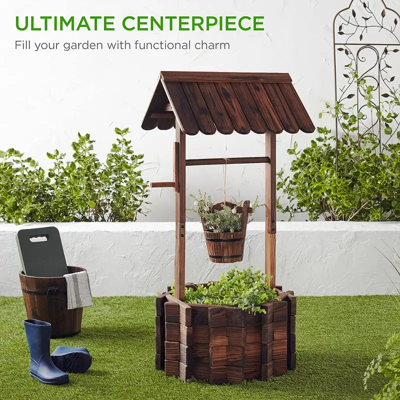 Rustic Wooden Wishing Well Planter with Hanging Bucket – Outdoor Garden Décor by Best Choice Products
