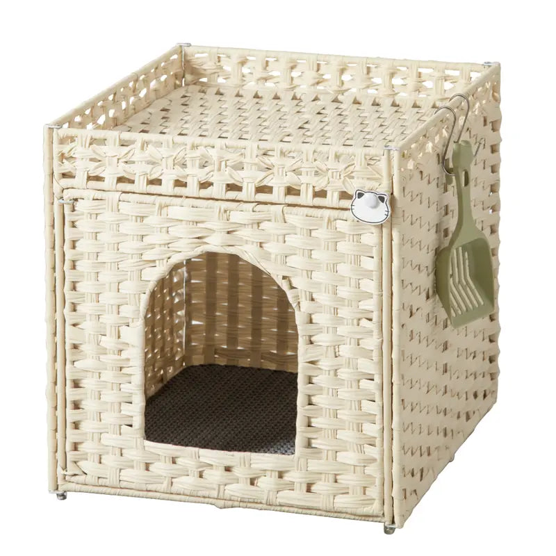 Rattan-Woven Litter Box Enclosure with Integrated Mat and Fence-Style Top Cover