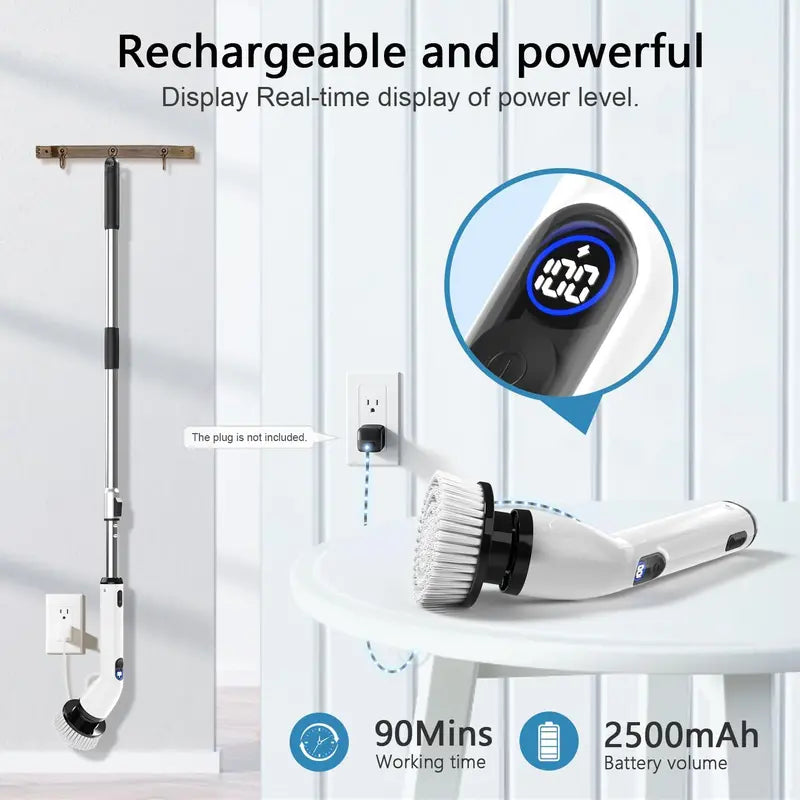 Cordless Electric Spin Scrubber – IPX7 Waterproof, LCD Display, Adjustable Handle & Multi-Surface Cleaning Brush
