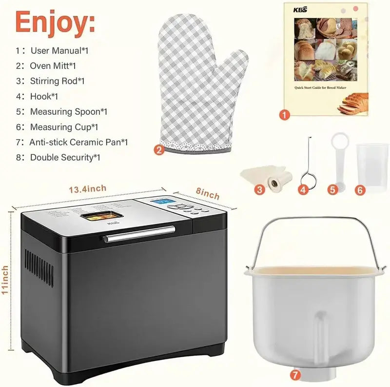 KBS 2LB Stainless Steel Bread Maker – 19-in-1 Fully Automatic Machine with Ceramic Baking Pan
