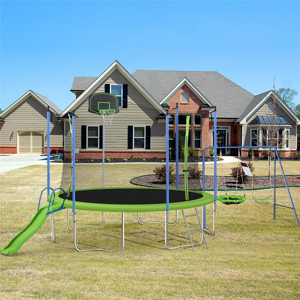 12FT Trampoline for Kids & Adults, Recreational Trampoline with Slide & Swing & Basketball Hoop & Enclosure Net, 600 lb Capacity for 4 - 5 Kids