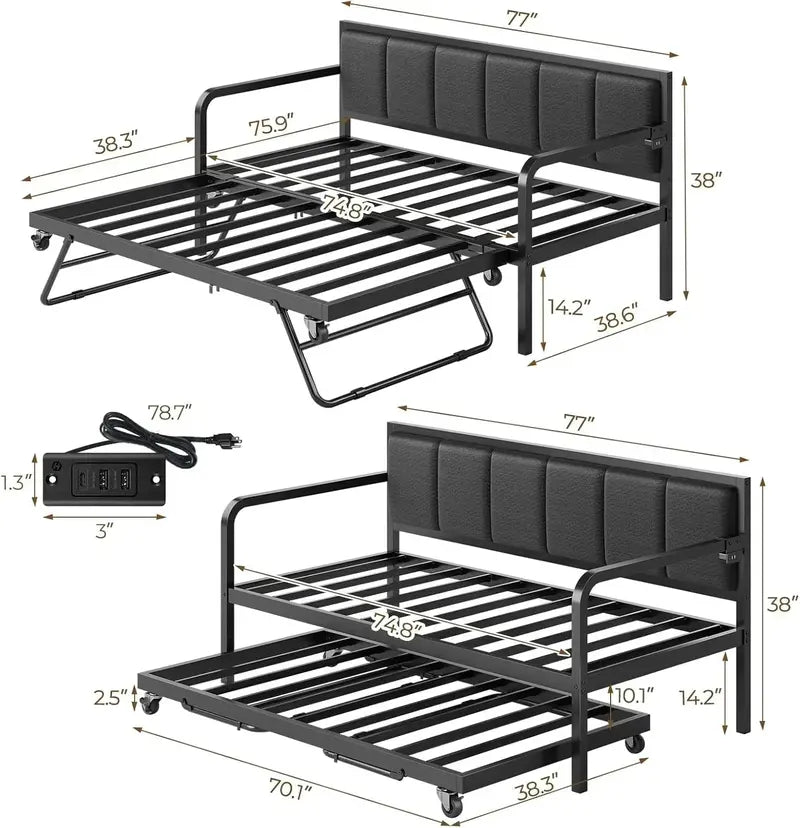 Rolanstar Adjustable Twin Daybed – Modern Charging Station Bed with Integrated LED Lighting