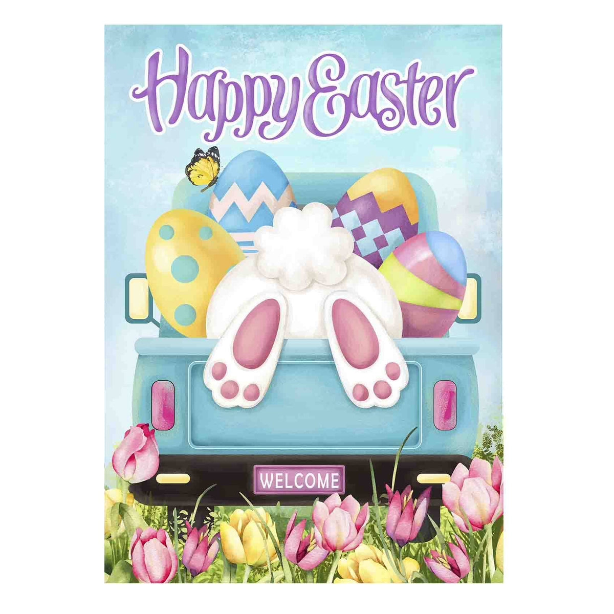 Morigins Happy Easter Bunny Tail Eggs with Blue Truck Yard Flag Spring Tulip Flowers Outdoor Garden Flag 12.5x18 inch